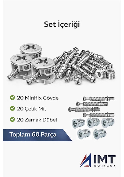İmt Aksesuar Zamak Metal Dübelli Minifix Gövde Mil Ve Dübel Seti - Mobilya Ve Dolap Bağlantı Elemanı 20 Takım Metalik
