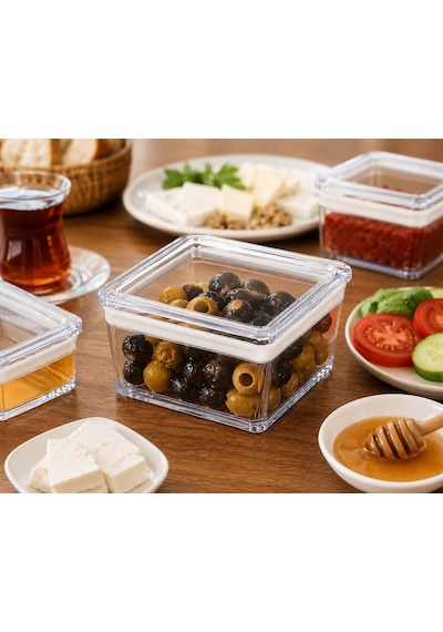 Lexroo 6 Lı Kare Contalı Kahvaltılık Seti, Şeffaf Mika Erzak Saklama Kabı, Kapaklı Mini Gıda Kabı