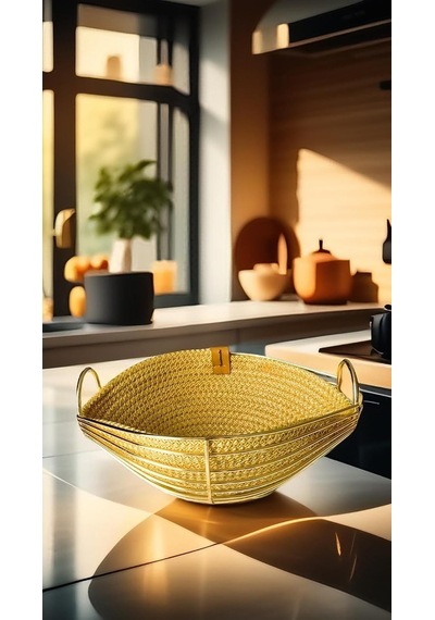 Singl Gold Metal Sandal Ekmeklik Ve Meyvelik Lüx Örgü Oval Ekmek Sepeti Sarı