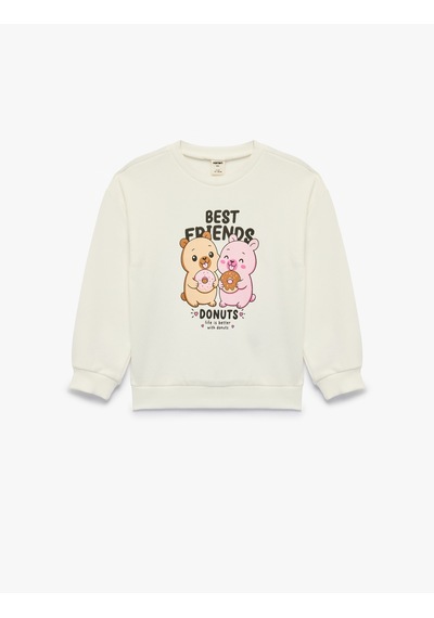 Koton Uzun Kollu Üç İplik Bisiklet Yaka Ayıcık Baskılı Sweatshirt Ekru 7wmg10130ak