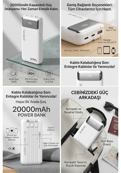 20000 Mah 22.5w Süper Hızlı Şarj Dahili Kablolu Dijital Led Göstergeli Pd Ve Qc 3.0 Powerbank Mt4320 Beyaz