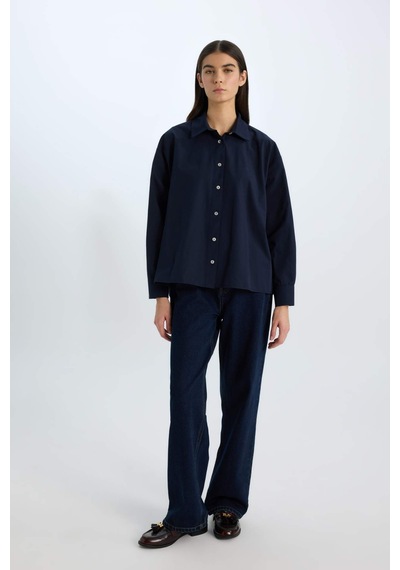 DeFacto Oversize Geniş Kalıp Poplin Basic Düz Uzun Kollu Gömlek E2677AX24WNNV245 Lacivert DeFacto Oversize Geniş Kalıp Poplin Basic Düz Uzun Kollu Gömlek E2677AX24WNNV245 Lacivert