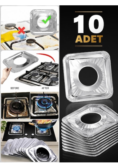 3b Trend 10 Adet Alüminyum Ocak Koruyucu 23x23 Cm Ocak Üstü Yağ Kir Koruma Levhası 11 Cm İç Çap
