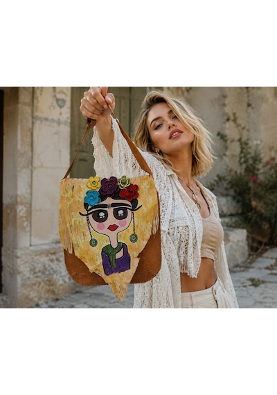Frida Konseptli Hakiki Deri Tasarım El Yapımı Çanta Açık Camel - Çok Renkli