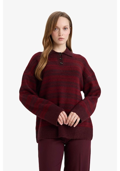 Defacto Loose Fit Polo Yaka Çizgili Triko Kazak Tunik G7240ax25cwbr452 Bordo-br452