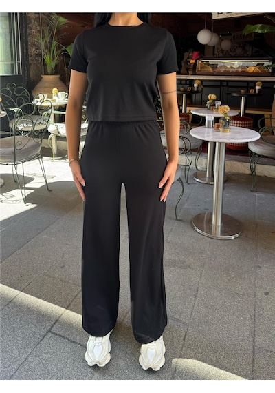 WeShaya Siyah Modal Polyester Palazzo Takım Siyah