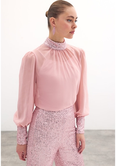 Sateen Payet Detaylı Bluz - Pudra-135851 Pudra Sateen Payet Detaylı Bluz - Pudra-135851 Pudra