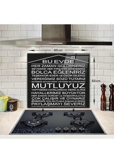 Decorita Cam Ocak Arkası Koruyucu |Bu Ev-Siyah Fon | 52cm x 60cm