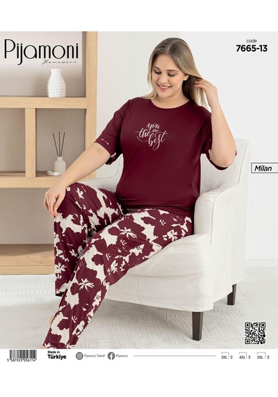 Pijamoni Kadın Milan Büyük Beden Bisiklet Yaka Kısa Kol İnce Pijama Takımı 7665/13b - 1 Adet Bordo Pijamoni Kadın Milan Büyük Beden Bisiklet Yaka Kısa Kol İnce Pijama Takımı 7665/13b - 1 Adet Bordo