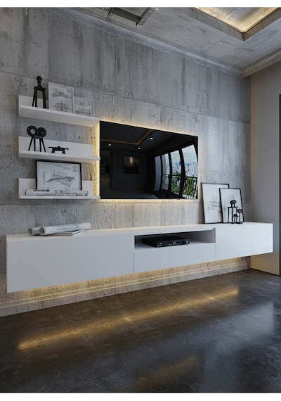 Resital Ledli Duvara Monte Tv Sehpası - Beyaz - W6018-1 Beyaz