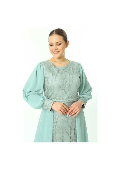 Ladies First Büyük Beden 3704 Küf Yeşili Uzun Abiye Elbise