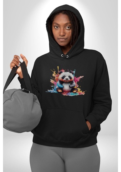 Renkli Yavru Panda Kadın Erkek Siyah Kapüşonlu Sweatshirt Hoodie Siyah