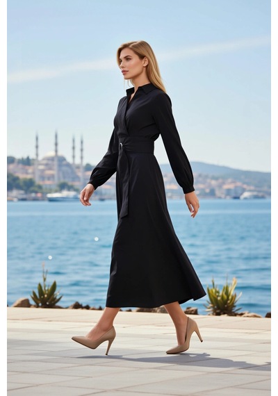 Benerly Kadın Maxi Elbise V Yaka Uzun Kol Dokuma Terrycotton Kumaş A Line Siyah