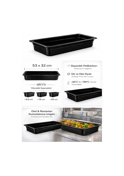 1/1 Gn Siyah Polikarbon Gastronom Küvet 53x32 Cm 6.5 Cm Derinlik