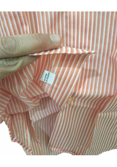 M Turuncu Beyaz Çizgili Pamuklu Slim Fit Klasik Cepsiz Kısakollu Erkek Gömlek