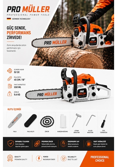 Pro Müller Profesyonel X-power 52 Cc Hava Soğutmalı Benzinli Ağaç Odun Dal Motorlu Hızar Bıçkı Testeresi Orman Motoru