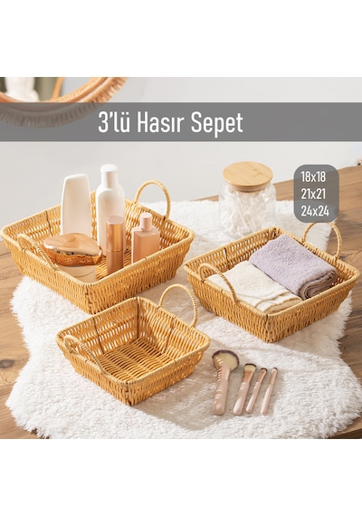 Porsima 303b 3lü Düzenleyici Kare Hasır Sepet Seti Ekmeklik Sepet