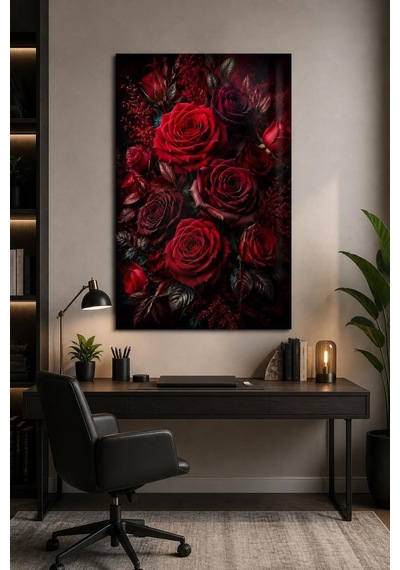 Kırmızı Gül Desenli Baskılı Cam Tablo Uv Baskı Dekoratif Duvar Tablosu