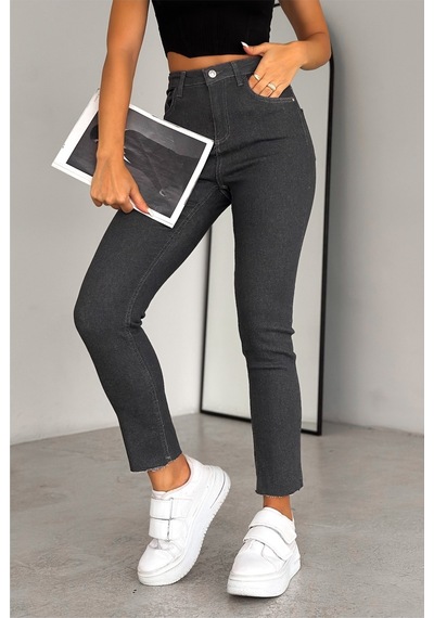 Femelle Gri Yüksek Bel Paçası Kesik İçi Şardonlu Slim Fit Mom Jean