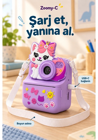 Kj/zm-001 Zoomy-c Kedi Figürlü Anında Baskılı Çocuk Fotoğraf Makinesi, Çift Kamera, 2,4 İnç Ekran, 1080p Video, 3+ Yaş Mor