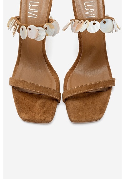 Luvishoes Arund Taba Süet Hakiki Deri Sedef Pul Aksesuarlı Kadın İnce Topuklu Terlik