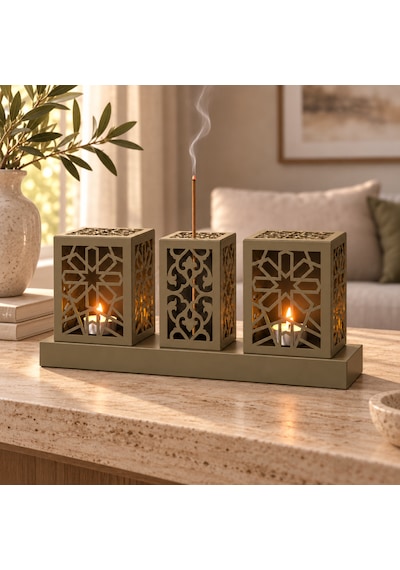 Lazer Kesim Metal Tealight Mumluk Ve Tütsülük Seti Geometrik Selçuklu Yıldızı Motifli Modern Ev Dekoru Benzersiz Masa Süsü Ve Hediye Haki