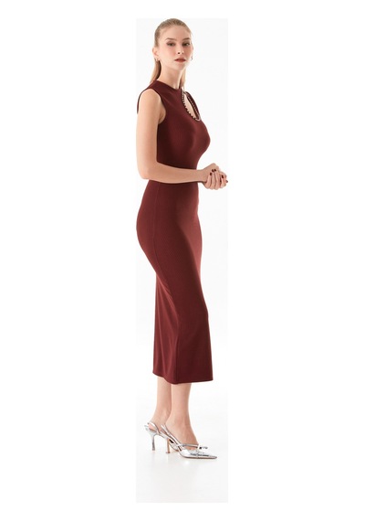 Fullamoda Fitilli Omzu Pencere Detaylı Taşlı Elbise 25ygb7220128414-bordo Bordo