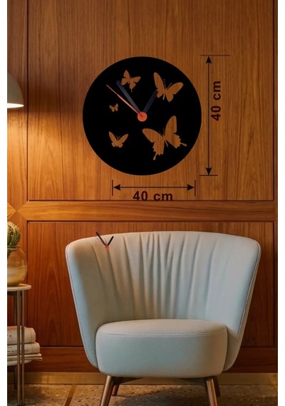 Mey İthalat Uçuşan Kelebekler Tasarım Ahşap Duvar Saati - 40x40 Cm Dekoratif Çok Renkli