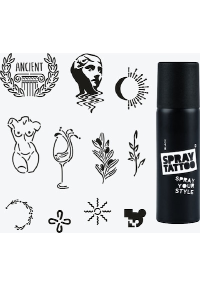 Ephesus City Pack Spray Tattoo Geçici Dövme Seti 11 Desen + Sprey Siyah