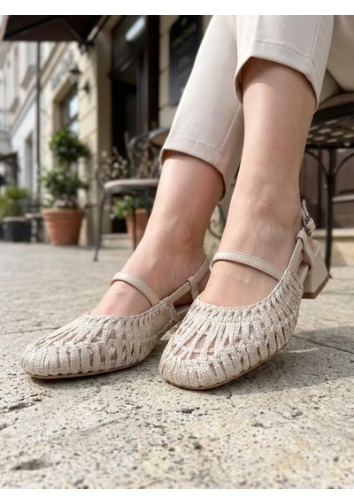 Nesilshoes Nesil Shoes Pine 2023 Bej Topuklu Örgü Kadın Sandalet