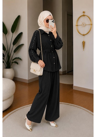 Hira Life Fashion Kadın Kolu Taş Detaylı Bel Bağlamalı Salaş Keten Gömlek Pantolon İki 'li Şık Takım Siyah Siyah Hira Life Fashion Kadın Kolu Taş Detaylı Bel Bağlamalı Salaş Keten Gömlek Pantolon İki 'li Şık Takım Siyah Siyah
