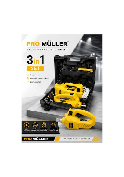 Pro Müller Elektirikli 5 Ton Araba Kriko Kiti 12 V Hidrolik Kriko Bijon Anahtarı Seti Darbe Anahtarlı