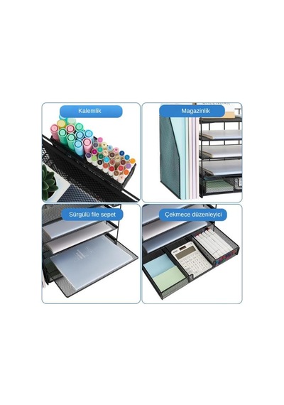 Temel Siyah Metal Mesh 4 Katlı Masaüstü Organizer Dosyalık Çekmeceli Kalemlikli 34.5x22x30 Cm 9209