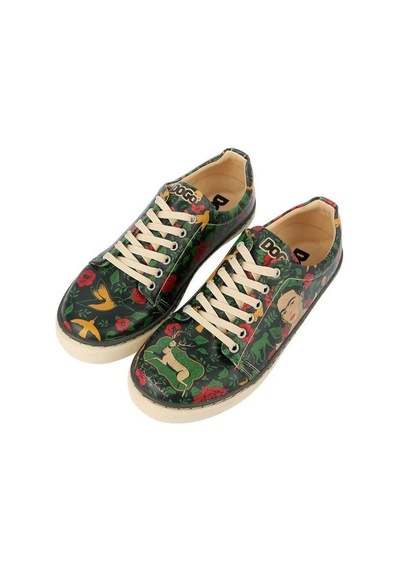 Kadın Vegan Deri Yeşil Sneakers - Arrows Frida Kahlo Tasarım Çok Renkli