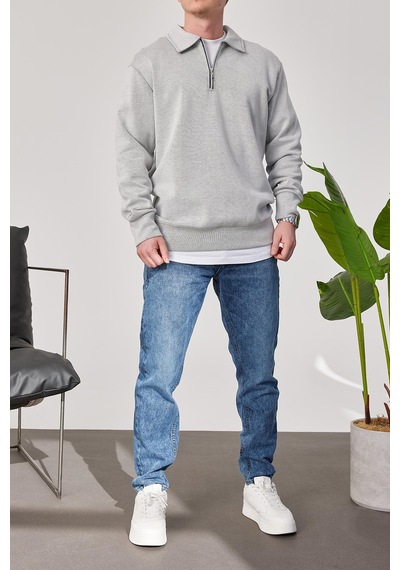 Prtnc Protonic Erkek Polo Yaka Oversize Gri Sweatshirt Yarım Fermuar Sweatshirt Gri
