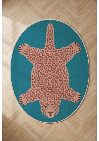 Leopar 05 Mavi Pembe Leopar İnce Vintage Görünüm Şönil Dokuma Oval Oturma Odası Ev Koridor Halısı