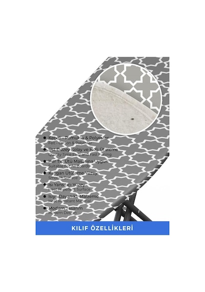 Ütü Masası Kılıfı Örtüsü Bezi, Gri Desenli Süngerli Ve Keçeli, Yanmaz, Ayarlanabilir 48x138 Cm