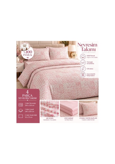 Slc Home Ranforce Pembe Desenli Çift Kişilik Nevresim Takımı %100 Pamuk 4 Parça Pembe - 938510509 Pembe