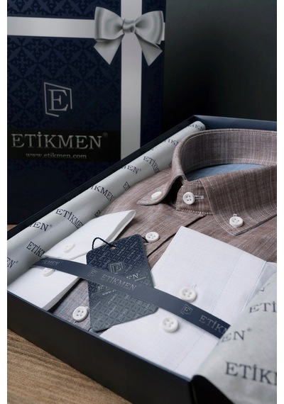 Panolu Kahve Mavi Geçişli Slimfit Keten Erkek Gömlek Kahverengi