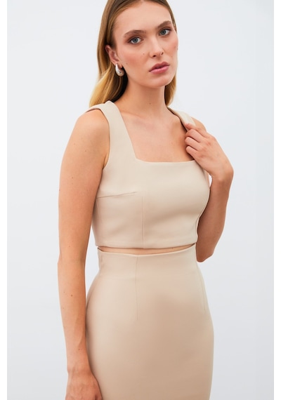 Sateen Kare Yaka Crop Bluz - Camel-134916