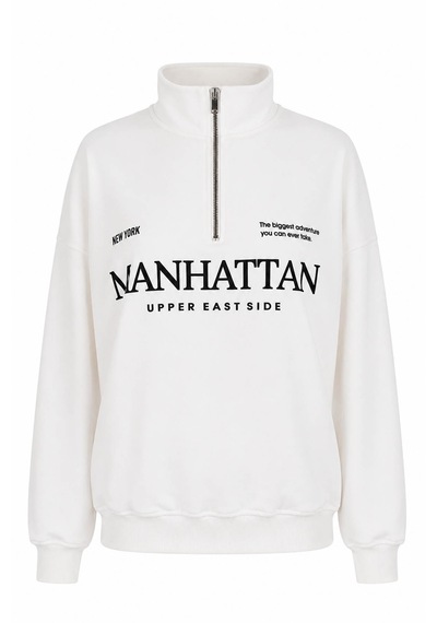 Trender Manhattan Baskı Yarım Fermuarlı Ekru Kadın Sweatshirt 27kdt1000023