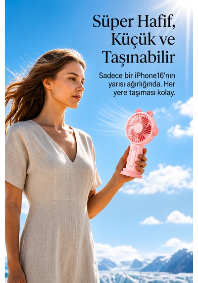 Şarjlı Taşınabilir Sevimli Kulak Tasarımlı Mini Fan 3 Kademeli Hız Telefon Standlı Vantilatör Pembe