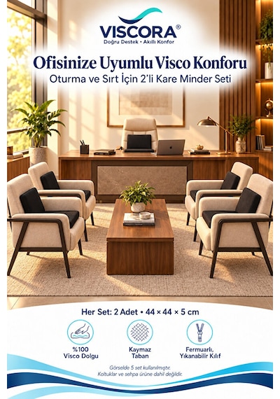 Visco Oturma Minderi Ve Sırt Destek Seti 2 Li Ofis Koltuğu Ve Sandalye Minderi 44 44 5 Cm Siyah