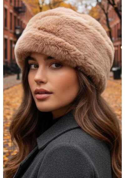 Tezzgelsin Kadın Kışlık Vegan Kürk Peluş Kalpak Şapka Camel