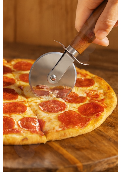 Akasya Saplı Pizza Kesici - Dekoratif Ve Pratik - Paslanmaz Çelik - Ekstra Keskin - Ahşap Saplı Açık Gri
