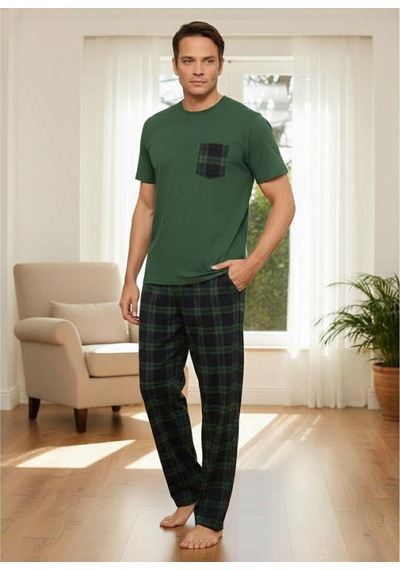Pijamoni Erkek Bisiklet Yaka Kısa Kol İnce Pijama Takımı 6163/8 - 1 Adet Yeşil