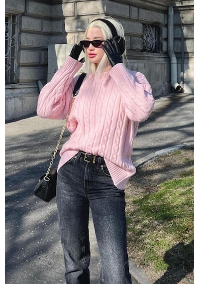 Madmext Pembe Balıkçı Yaka Örgülü Triko Kazak Mg2336 Pembe