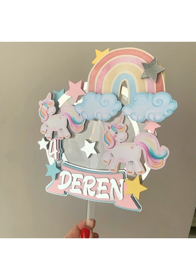 Unicorn Gökkuşağı Temalı Kız Çocuk Doğum Günü Pasta Süsü