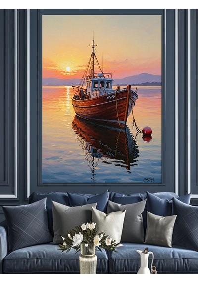 Ahşap Tablo Denizde Süzülen Küçük Balıkçı Teknesi