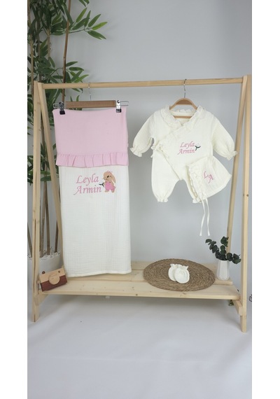 Gros Shop Müslin Yeni Doğan 4katlı Organik %100pamuk Kişiye Özgü Nakışlı Hastane Çıkış Seti-tavşan Model-1 Ekru